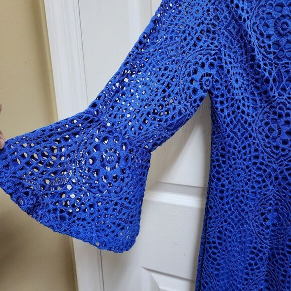 Leslie Fay Dress 6 Blue Floral Crochet Lace Bell Slv Lined Boho Coastal Grandma - Picture 5 of 10